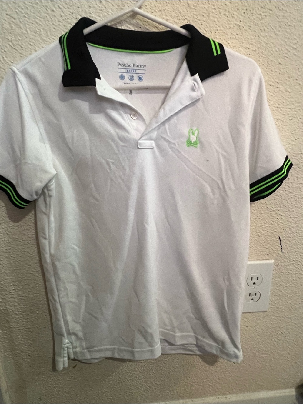 Psycho Bunny White Polo with Black Collar and Neon Green Trim